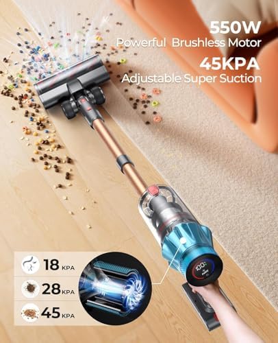 Cordless Stick Vacuum 45KPa 550W 60 Min Runtime, 6-in-1 Self-Standing for Pet Hair Carpet Hard Floor