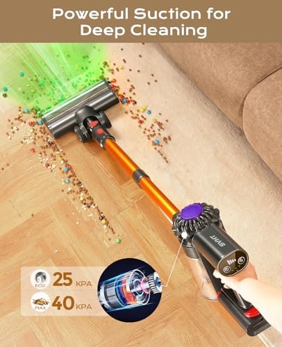 Cordless Vacuum Cleaner 450W 40KPA 45Mins Lightweight Stick Vacuum for Pet Hair Carpet Hardwood Floors with Green Light 